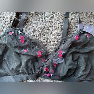 Cacique Black Mesh Bralette & Thong with PinkFloral Embroidery set